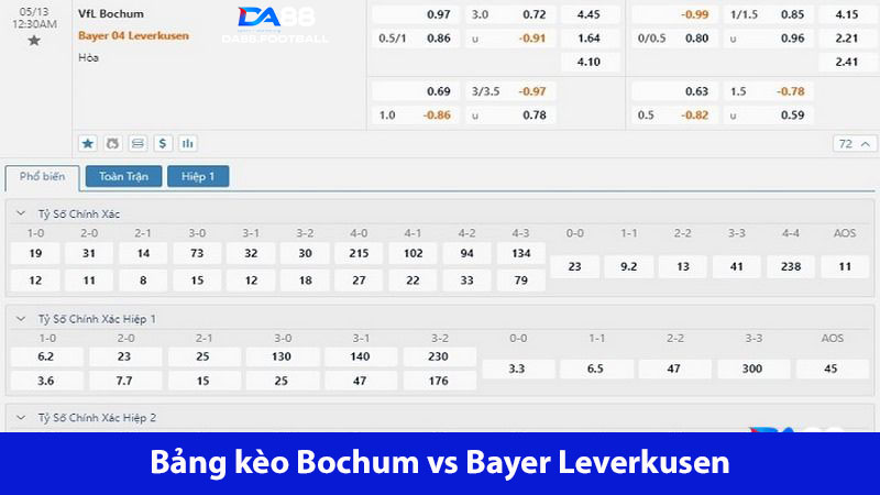 Bảng kèo Bochum vs Bayer từ nhà cái