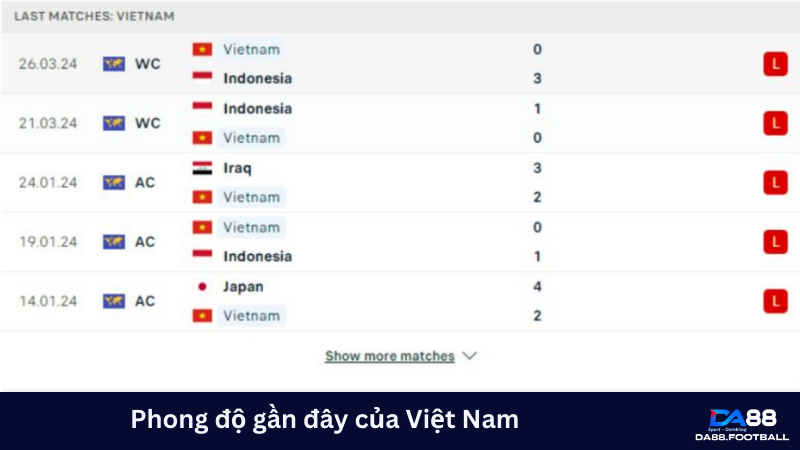 Phong độ gần đây của đội Việt Nam